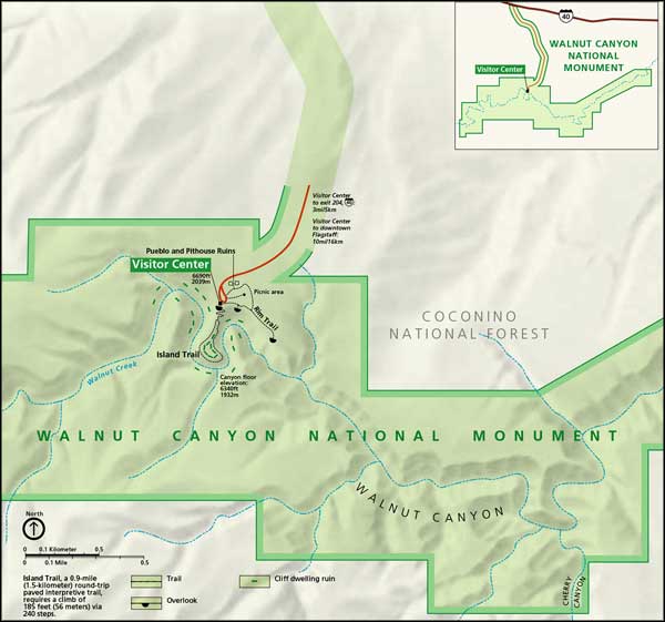 A static map of Walnut Canyon National Monument