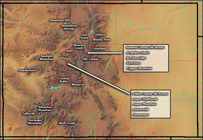 A map of the Colorado Ski Areas Colorado Ski Areas