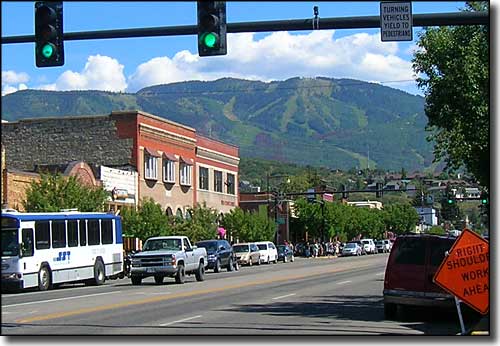 Downtown Steamboat Springs, Steamboat Ski Resort in the distance Steamboat Springs, Colorado