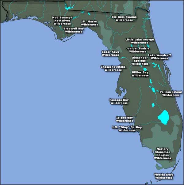 Map showing the locations of Florida's Wilderness Areas