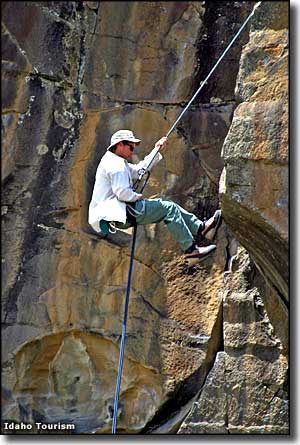Rock climber in the Bumblie Climbing Area, City of Rocks National Reserve