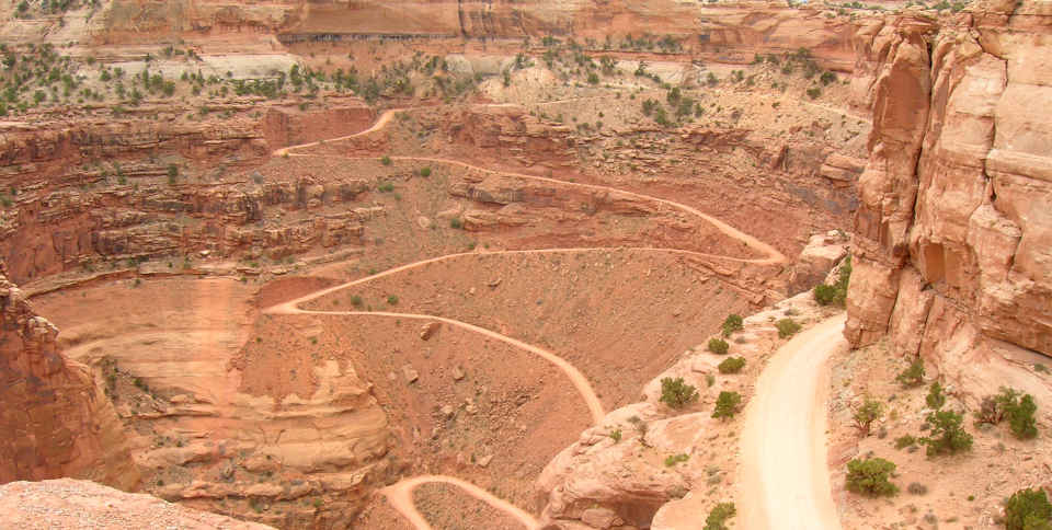 The Shaffer Trail descends from Island in the Sky to Potash, on the banks of the Colorado River