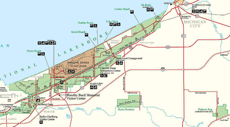 Map of the eastern part of Indiana Dunes National Lakeshore