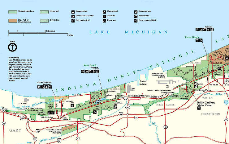 Map of the western part of Indiana Dunes National Lakeshore