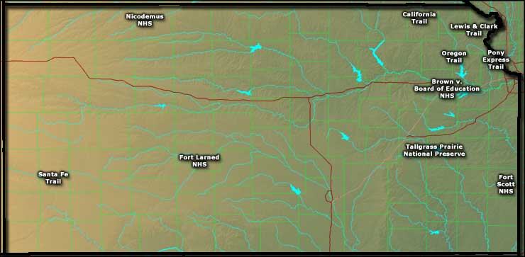 Kansas National Park Service Sites map Locations of the National Park Service Sites in Kansas