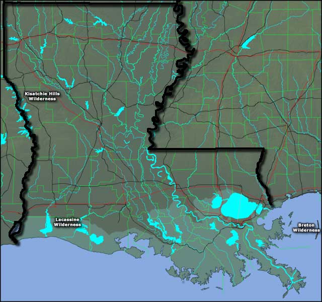 Map showing the locations of National Wilderness Areas in Louisiana