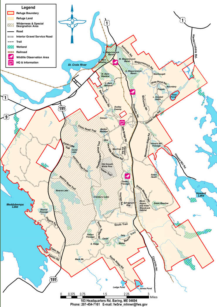Trail map of the Baring Division of Moosehorn National Wildlife Refuge
