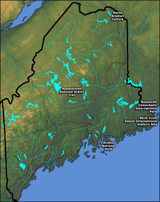 Maine National Park Service Sites map Locations of the National Park Service sites in Maine