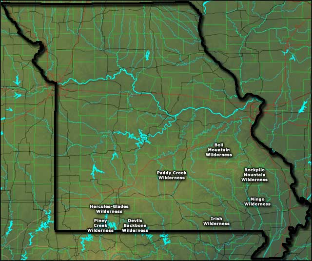 Map showing the locations of designated National Wilderness Areas in Missouri