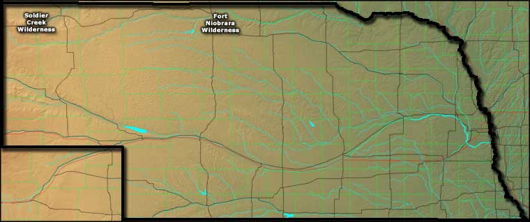 Locations of the designated National Wilderness Areas in Nebraska