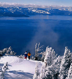 A winter view of Lake Tahoe from above Nevada Ski and Snowboard Areas
