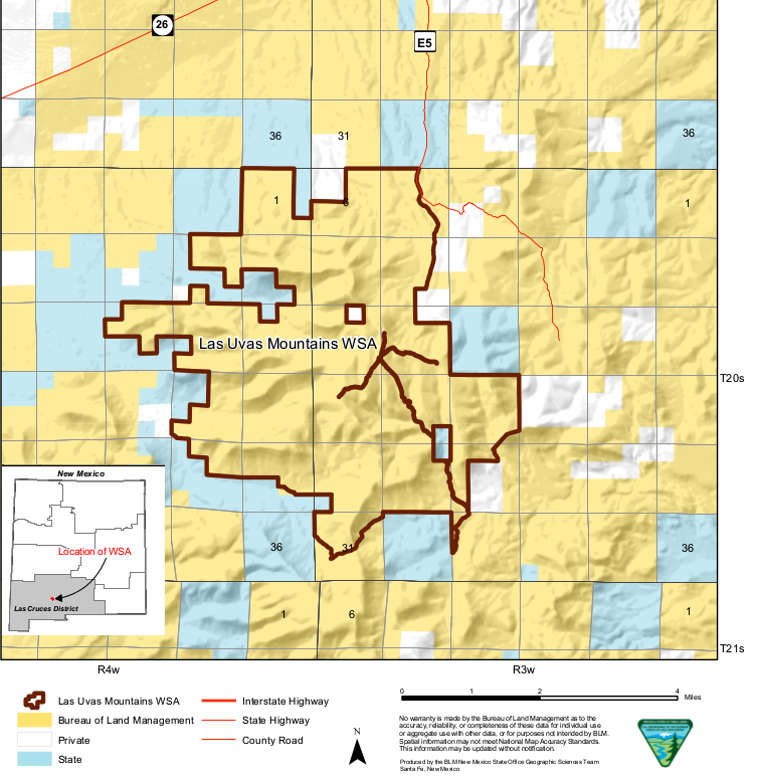 Map of the Las Uvas Mountains Wilderness Study Area