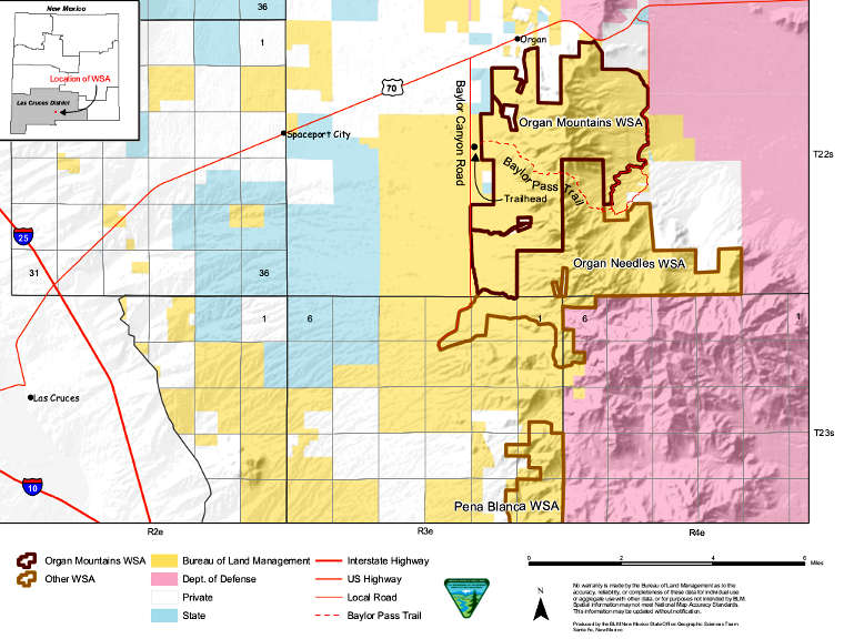 Map of the Organ Mountains Wilderness Study Area