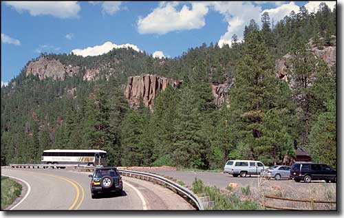 Jemez Mountain Trail: A view at the Battleship Rock Wayside The Battleship Rock Wayside along the Jemez Mountain Trail Scenic Byway