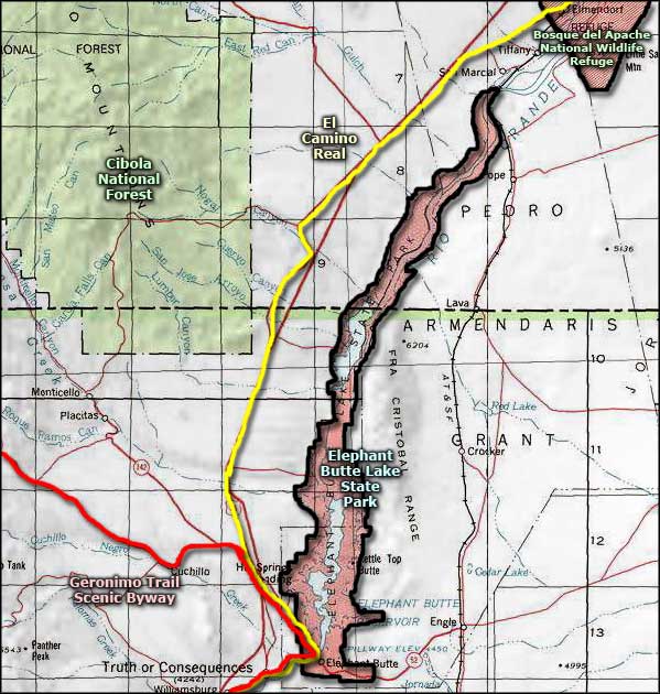 Map of the Elephant Butte Lake State Park area Elephant Butte Lake State Park