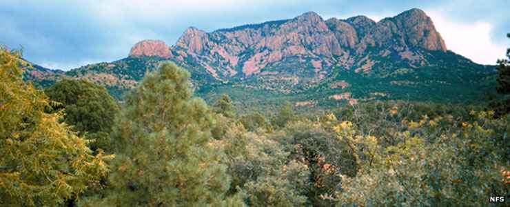 Looking across a valley to a granite peak in Apache Kid Wilderness