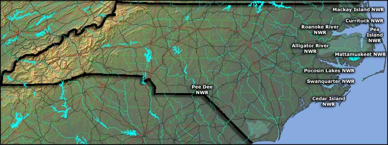 Map showing the locations of National Wildlife Refuges in North Carolina
