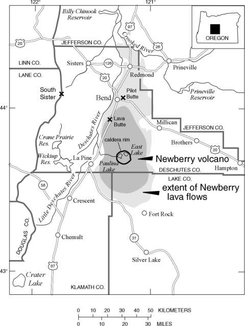 Newberry Volcano map Map of the Newberry Volcano area