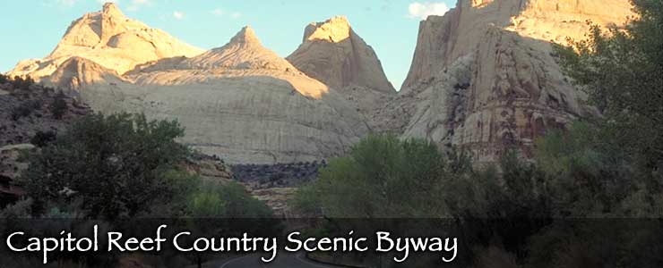 Sandstone towers rise along the Capitol Reef Country Scenic Byway