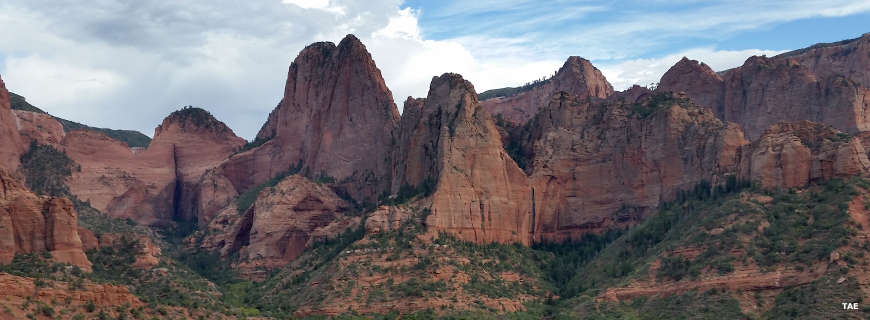 A view of red rock buttresses and cliffs in the Kolob Canyons area of Zion National Park