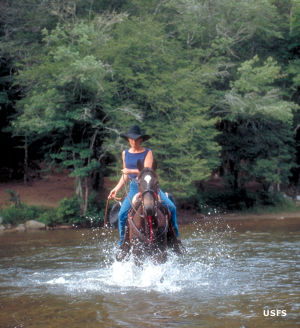 A woman crossing a stream on horseback