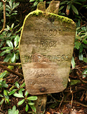 South Carolina National Wilderness Areas: A view at Ellicott Rock Wilderness Sign marking Ellicott Rock Wilderness