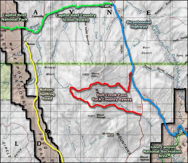 Map of the Bull Creek Pass Backcountry Byway area
