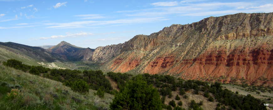 Daggett County, UT: A typical view in Daggett County Looking southwest up a valley through walls of colored sandstone in Daggett County