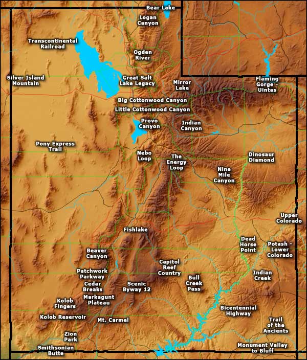 Map showing the locations of Scenic Byways in Utah