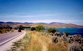 Driving along the shore of Bear Lake on the Bear Lake Scenic Byway