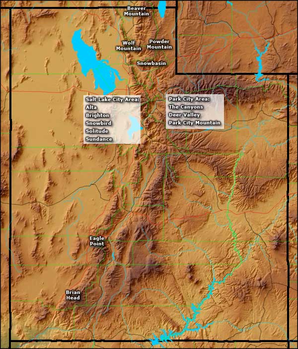 Relief map of the ski and snowboard areas in Utah Locations of the Ski and Snowboard areas in Utah