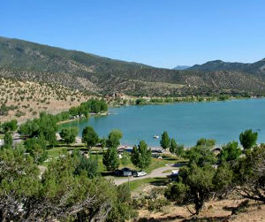 Looking down over the campground and reservoir at Palisade State Park