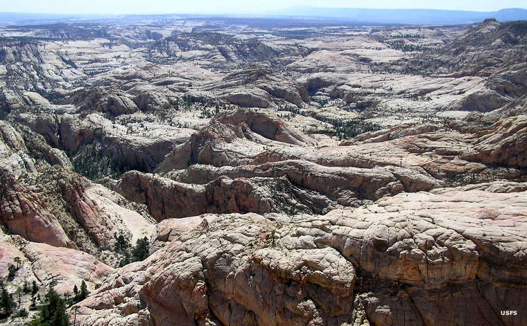Looking across the area of barren rock in most of Box-Death Hollow Wilderness