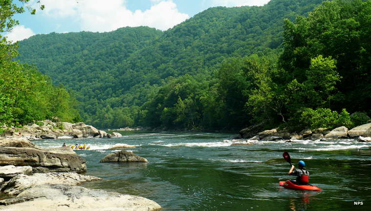 New River Gorge National River: A view of kayakers on the river New River Gorge National River