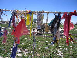 Medicine Wheel Passage: A view of pieces of cloth tied to the rope fence that surrounds the Medicine Wheel itself Pieces of cloth tied to the rope fence around the Medicine Wheel National Landmark