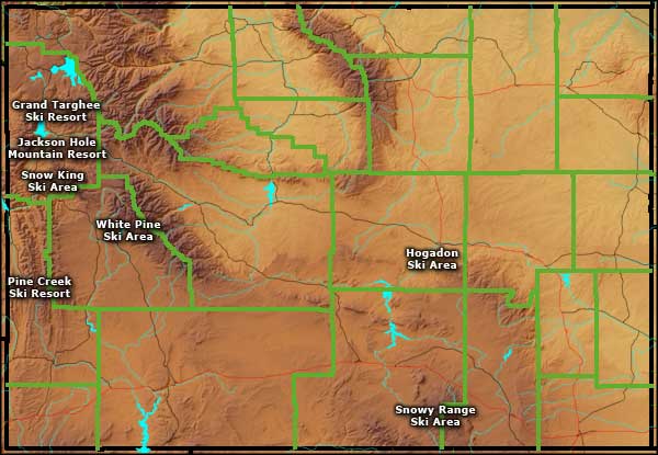 Relief map showing the locations of ski and snowboard areas in Wyoming Map of Wyoming's Ski Areas