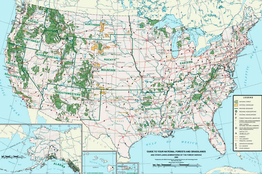 A map showing the locations of the US Forest Service Forests, Grasslands and other stations across the country, clicking opens a new window to show a larger version