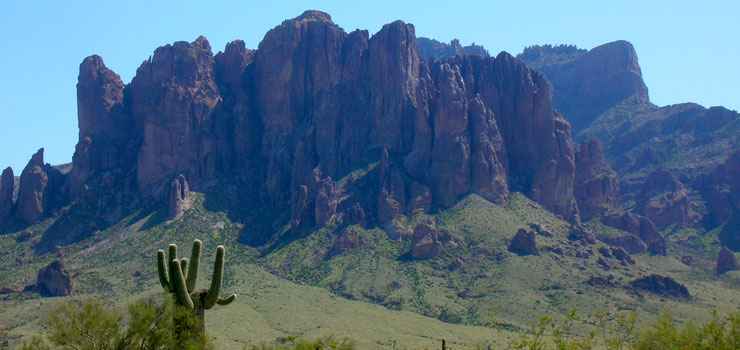 The Superstition Mountains rise above Lost Dutchman State Park