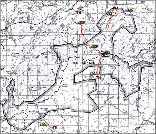 Trail map of Hellsgate Wilderness