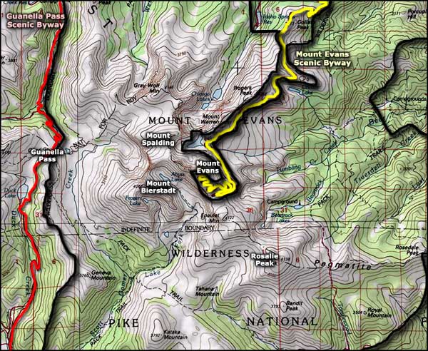 Topographic map of the Mount Evans Wilderness area