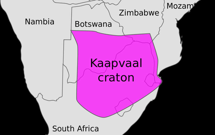 Map indicating today's location of the Kaapvaal craton in South Africa