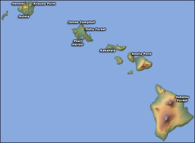 Map showing the locations of National Wildlife Refuges in Hawaii