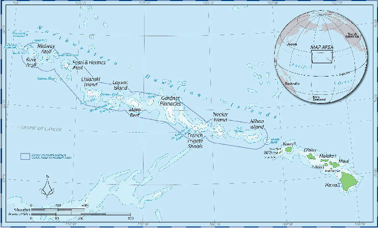 Map of the Hawaiian Islands National Wildlife Refuge area northwest of most islands of Hawaii