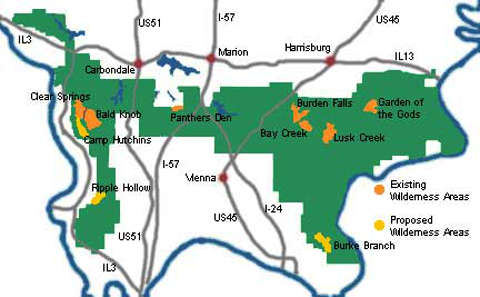 Map showing the wilderness areas on Shawnee National Forest