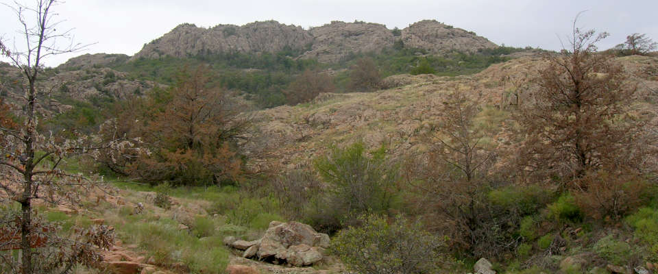Looking up the trail to the peak of Elk Mountain, highest point in Oklahoma