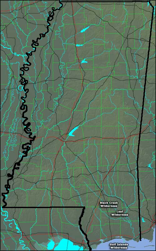 Map showing the locations of wilderness areas in Mississippi
