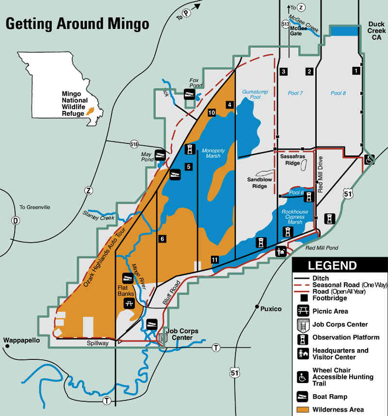 Map of the Mingo National wildlife Refuge area