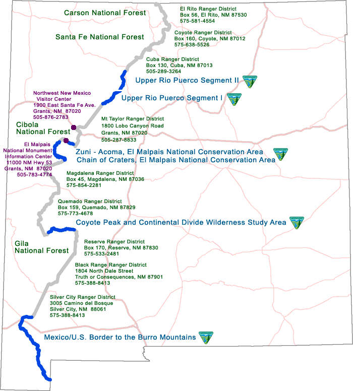 Map of the continental Divide National Scenic Trail route in New Mexico