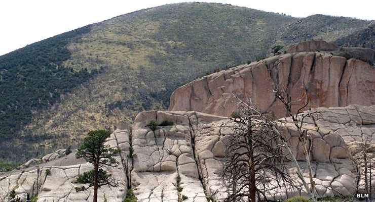 Bare rock below a brush-covered hillside in Parsnip Peak Wilderness