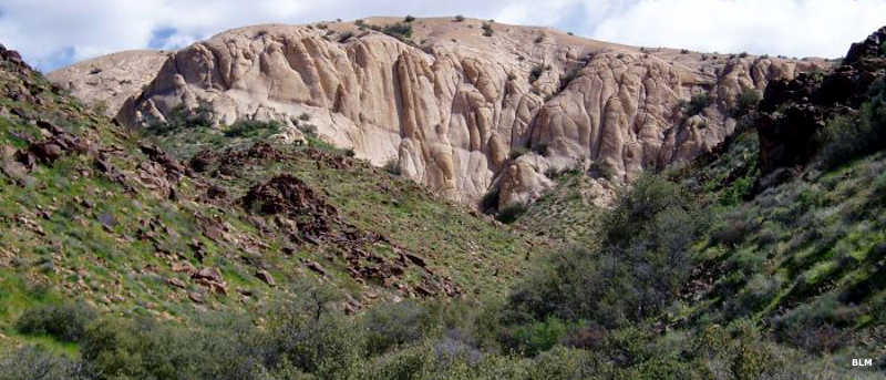 Looking uphill at a white rock outcropping in Meadow Valley Range Wilderness